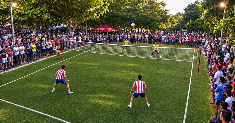 Partida em quadra de grama, com a torcida acompanhando da lateral