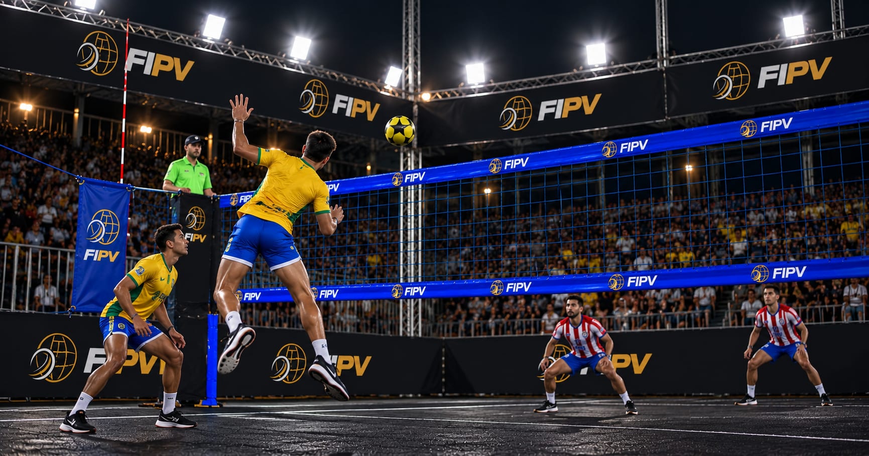Atleta de camisa amarela e calção azul salta e cabeceia a bola perto da rede, numa arena noturna de Pikivoley com piso escuro, refletores acesos e faixas da FIPV.
